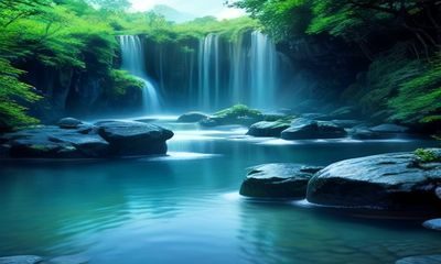 新葡京高端SPA水疗中心内景，池水湛蓝清澈，环绕热带植物绿意盎然，私密包厢柔和灯光营造极致放松氛围
